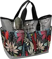 Garden Tool Bag Maple Leaf Gardening Bag with 8 Pockets Canvas Garden Tote Bag Women Men Garden Plant Tool Storage Bag(Gray Flower Color Matching)