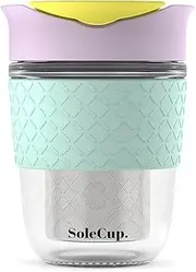 [SoleCup.] Travel Mug Loose Tea Infuser - Detachable Tea Strainer with Spillproof Lid - BPA-Free Reusable Glass Travel Coffee Cup with Silicone Band (Ice-Cream)