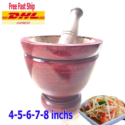 Wooden Mortar With Pestle Papaya Salad Thai Hand Made Spices Herb Many Size