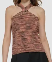DKNY Women's Brown Halter-Neck Spacedye-Knit Tank Top Size S