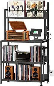 EasyCom Record Player Stand with Vinyl Storage, Turntable Stand Holds Up to 300 Albums, Large Record Player Table with Charge Station, Vinyl Record Stand for Living Room Bedroom, Black