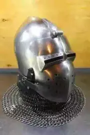 MEDIEVAL ANCIENT WAR HELMET WITH OPENABLE FACE WISER AMD CHAINMAIL CURTAIN.