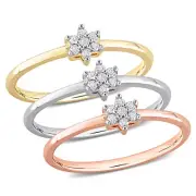 Amour Sterling Silver Diamond Floral 3 Piece Promise Ring Set