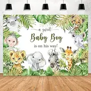 Aperturee 7x5ft Jungle Safari Animals Bbay Shower Backdrop Baby Boy is On His Way It's a Boy Photography Background Green Leaves Photo Booth Studio Cake Table Banner Party Decorations Props Supplies