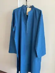 NWT FABINDIA Men's Kurta Cobalt Royal Blue Woven Cotton Embroidered Nehru XL