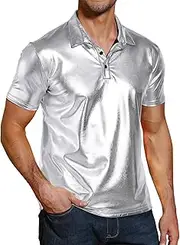[TURETRENDY] Men's 70s Disco Shirts Shiny Sequins Short Sleeve Party Polo Shirt Hipster Nightclub Prom Costume T-Shirt