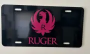 Gloss black aluminum license plate tag pink Ruger logo gun firearm