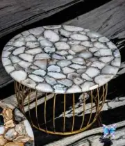 White Agate Stone Coffee Table Top, Agate Living Room Side Round Table Top Decor