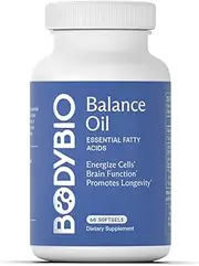 BodyBio Balance Oil | Essential Fatty Acids Omega 3 & 6 | Cold Pressed | Organic Safflower and Flax Seed Oil Blend for Brain & Mood Support and Cellular Health | 60 Softgels