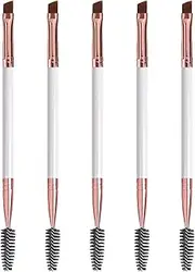 Duo Eyebrow and Eyelash Brush - Spoolie and Angled Brow Brush for Eye Makeup (5pcs, White)