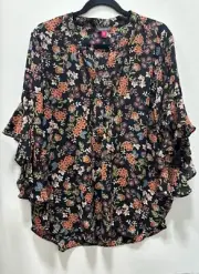 Vince Camuto Women's Flutter Sleeve Henley Neck Top, Black Floral XL