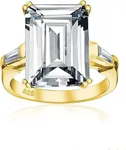 [Bling Jewelry] Art Deco Style Big AAA CZ Statement Solitaire Emerald Cut Engagement Ring For Women Side Stone Baguette Thin Band .925 Sterling Silver Decorative Setting
