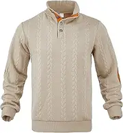[JEShifangjiusu] Men's Cable Knit Pullover Sweater Casual Long Sleeve Sweatshirt Stand Collar Button Knitted Sweaters