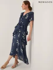 Monsoon Blue Celeste Floral Print Ruffle Maxi Dress (H63483) | $300