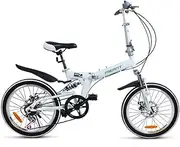 Folding Bicycle, Portable Folding Bike Double Disc Brake Double Shock Mountain Bike Featuring Front and Rear Fenders Kickstand with 7 Speed Drivetrain,A