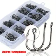 200Pcs Fish Hooks 10 Sizes Fishing Black Silver Sharpened With Box Quality Kit