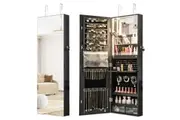 Giantex Mirrored Jewelry Cabinet Wall Mounted Jewelry Armoire w/Full-Length Mirror & 3-Color Lights Lockable Jewelry Organizer Black