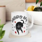 WHITE Ceramic Mug, (11oz), BLACK CAT, BIRTHDAY BOY