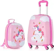[BABY JOY] 2 Pcs Kids Luggage Set, 16" Toddlers Carry-on Suitcase & 12" Backpack Set, Children Travelling Case w/ 4 Casters, Retractable Handle, Lightweight Trolley Case for Girls, Pink, 9 x 12.5 x 19