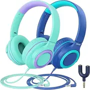 [2 Pack] iClever Kids Headphones - 85dBA Safe Volume Limited- Wired Headphones for Kids Teens with Sharing Splitter, Tangle-Free Foldable Stereo Headset for School/Tablet/Travel/Mp3/4