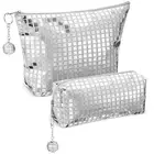 2 Pcs Disco Cosmetic Makeup Bags Women Silver Glitter Sequin Mirror Bag Large...