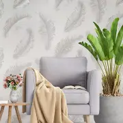 Grayish off White cream big feathers pattern faux fabric textured Wallpaper roll