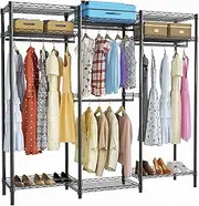 [ROOMTEC] Portable Closet Heavy Duty Clothes Rack Freestanding Wardrobe Closet Load 1000 LBS with Adjustable Wire Shelves, Hanging Rods, Hooks, 70.8" L x 15.1" W x 76.7" H, Black