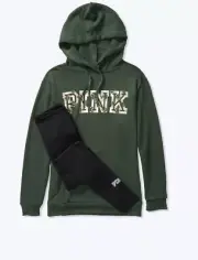 NEW Victorias Secret PINK CAMPUS HOODED PULL OVER & LEGGING GIFT SET Green- XS