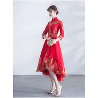 在飛比找蝦皮購物優惠-敬酒服2018新款紅色旗袍新娘中式禮服前短後長中袖結婚衣服女