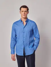 Hawes & Curtis Mid Blue Pure Linen Slim Shirt | Button Down Collar Size: XXXL