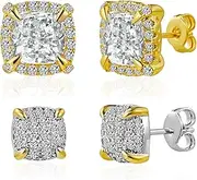 [LUCA SMITH] 14K Gold Plated HALO Stud Earrings | Square Diamonique Stud Earrings Set | 925 Sterling Silver Cubic Zirconia Stud Earrings | Hip Hop Earrings for Women Men