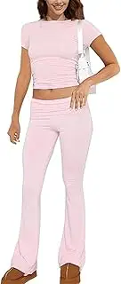 [ABINGOO] Women's Cotton Lounge Set Top and Flared Trousers Set Cut Yoga Tracksuit Two Piece Outfit Slim Loungewear Set