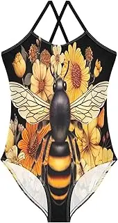 [RPLIFE] Bee Flowers Floral Black Girls' Swimwear, Beach Swim Suits Kids 3-10 Y with Adjustable Shoulder Strap, 3-10 Y