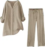 Lounge Sets For Women Plus Size Long Sleeve Linen Pants 2 Piece Matching Sets Dressy Tops Pants Outfits Tracksuit