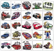 CHARLENT 148 PCS Race Car and Monster Truck Temporary Tattoos for Kids - GoKart Car Individual Tattoos for Boys Racecar Birthday Party Favors Goodie Bag Fillers