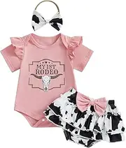[Kayotuas] Western Baby Girl Clothes Summer Cowgirl Outfits My First Rodeo Romper Cow Print Bloomer Shorts Headband 3 Piece Set
