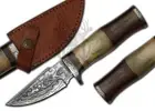 damascus rain drop hunting knife fix blade horn handle with leather steath 9inch