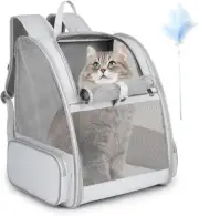 Cat Backpack Carrier, Large Pet Backpack with Cat Wand Feather Toy for Medium