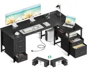 L Shaped Computer Desk with 6 Drawers & Power Outlet Corner Desk 55 Inch Black