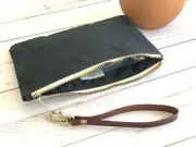 Waxed Canvas Pouch Bag With Wristlets Zipper For Women In Black New