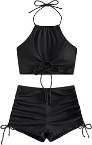 [Legou] Women Tankini Solid Color Swimwear Backless Swimsuit Set