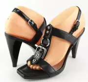 $215 VIA SPIGA QUORUM Black Leather T- strap Buckled Designer Sandals 6.5 M
