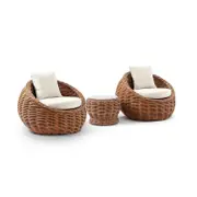 Newport Outdoor Wicker Lounge 2x Arm Chair with Side Table Golden Brown - Cream