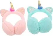 [Healvian] 2Pcs Unicorn Plush Earmuffs for Winter Outdoor Use Warm Ear Warmers Colors Soft and Comfortable Hair Band Headdress Random Color
