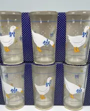 Vintage Goose W/BOWS Glasses Set Of 6 NEW In Box Geese Country Blue White