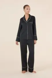 Ladies Gingerlilly Black Satin Luxurious Long Pyjamas Set PJS (Adele)