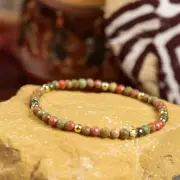 Natural Unakite Gemstone 3mm Faceted Beaded Stretch Bracelet Minimalist Healing