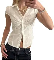 [Generic] Women's Shirt Y2k Short Sleeve Blouse Tees Button Up Pleated Slim Crop Top Vintage Back Tie Up T-Shirt