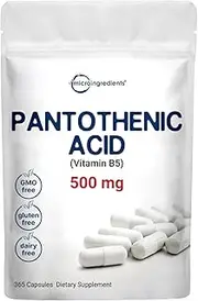 Micro Ingredients Vitamin B5 Pantothenic Acid Supplement, Vitamin B5 500mg Per Count, 365 Capsules (365 Count (Pack of 1))