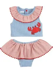 New Mud Pie Baby 2pc Striped Crab Seersucker Swimsuit Bikini Toddlers 2T Girls